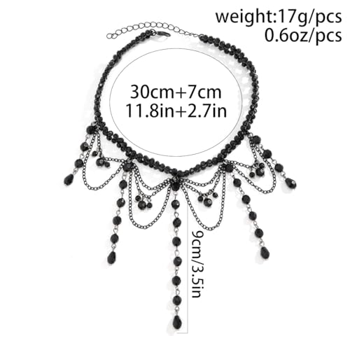 Chargances Vintage Crystal Beaded Long Pendant Necklace 90s Victorian Black Lace Choker Charm Layered Chain Necklace Jewelry for Women(Style 4)