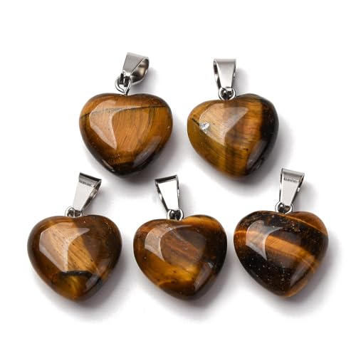 10Pcs Heart Stone Charm Pendants Natural Tiger Eye Gemstone Pendants with Platinum Brass Loops for DIY Necklace Keychains Earring Crafts Supplies - color: Tiger Eye