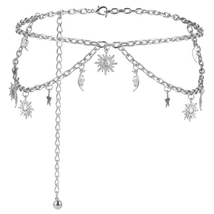 Double Layer Metal Chain Belt, Moon Star Waist Chain Fashion Link Belt Skinny Dress Waist Chain Belt For Women - color: Silver