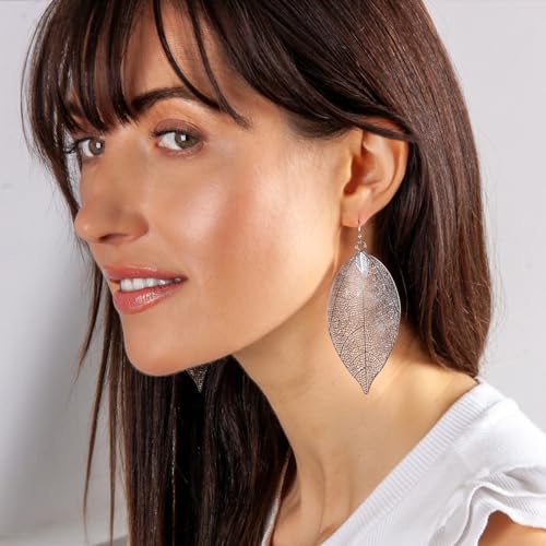 Leaf Earrings for Women - Gold or Silver Tone Filigree Dangle Earrings | Plated in Gold Tone or Silver Tone - color: 3.5" inch - Large Silver