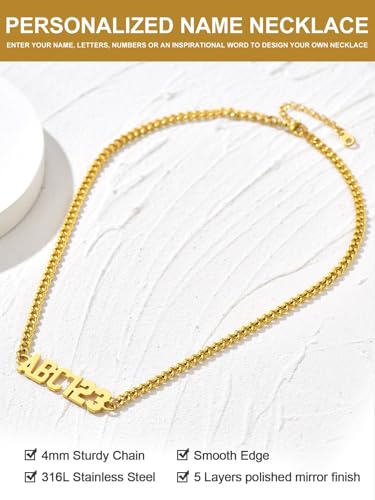 GoldChic JEWELRY Name Necklace Personalized for Men, Womens Custom Name Plate Chain, Stainless Steel Customized Old English Nameplate Choker with Curb Chains Custom, 16 inches to 30 inches - color: Curb Chain 4 mm - Gold(Small Pendant)