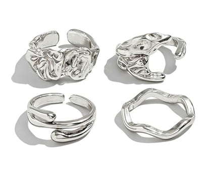 4Pcs Irregular Wavy Open Rings Minimalist Gold Silver Tone Jewelry for Men - color: A Silver
