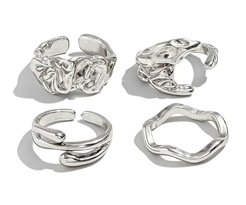 4Pcs Irregular Wavy Open Rings Minimalist Gold Silver Tone Jewelry for Men - color: A Silver