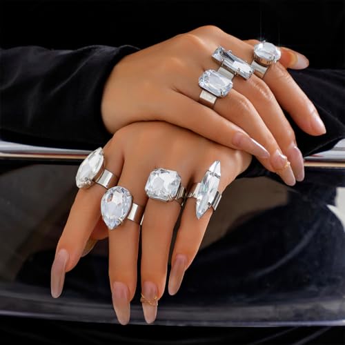 FUTIMELY 7Pcs Exaggerated Chunky Large Rhinestone Ring Set,Glitter Heart Square Oval Teardrop Knuckle Rings,Unique Red Crystal Open Rings Pack Cocktail Jewelry - color: Silver