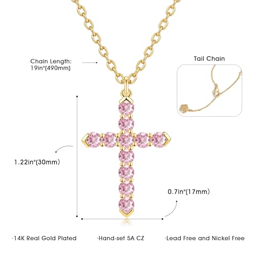 Cross Necklace for Women, Silver Cross Pendant Necklaces | 14K Gold Plated, Dainty CZ Cross Necklace, Non Tarnish and Hypoallergenic Jewelry for Women, Christian Religious Faith Gifts - color: 02-Gold-Pink