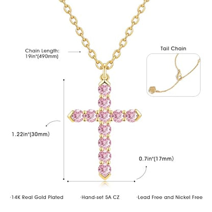 Cross Necklace for Women, Silver Cross Pendant Necklaces | 14K Gold Plated, Dainty CZ Cross Necklace, Non Tarnish and Hypoallergenic Jewelry for Women, Christian Religious Faith Gifts - color: 02-Gold-Pink