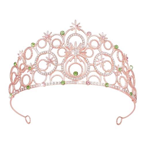Crystal Crowns for Women, Crystal Bubble TiaraBride Royal Queen Headband Princess Headpieces for Women Bridal Wedding Prom Birthday Party Crowns - color: Rose Gold Pink Green