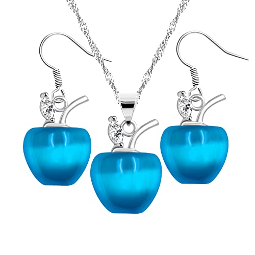 Uloveido Apple Necklace and Earrings Set for Women Cute Apple Jewelry Set for Teacher Mom YL007 - color: Dark Blue