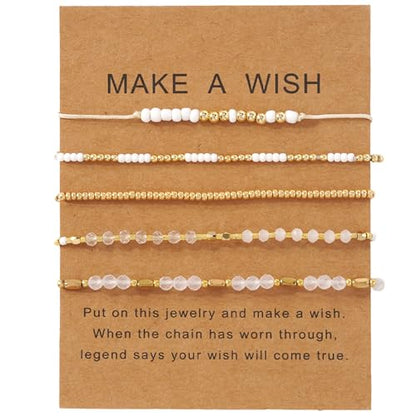 5Pcs Stack Gold Plated Ball Beaded Bracelets Set for Women, Boho Handmade Colorful Glass Pearl Stretch Accessories Jewelry, Summer Beach Daily Wear Holiday Friendship Gift - color: White Gold