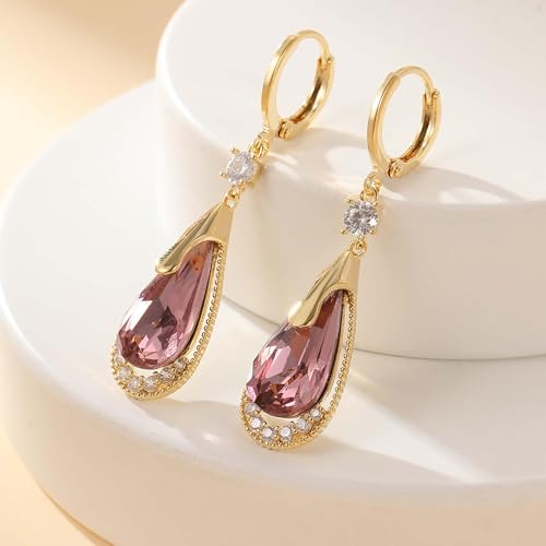 Trendy Austrian Crystal Teardrop Drop Huggie Dangle Earrings for Women 14k Rose Gold Plated Hypoallergenic Jewelry Gifts - color: Antique Pink