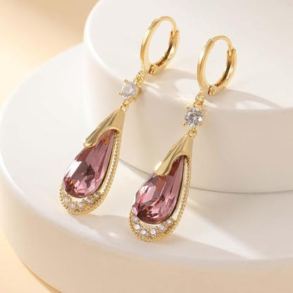 Trendy Austrian Crystal Teardrop Drop Huggie Dangle Earrings for Women 14k Rose Gold Plated Hypoallergenic Jewelry Gifts - color: Antique Pink