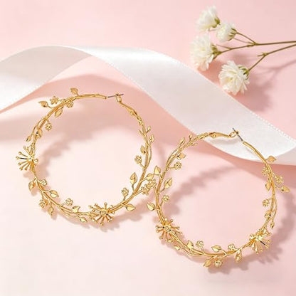Gold Floral Hoop Earrings for Women, 14K Gold Plated Lightweight Leaf Flower Large Hoop Earrings, Hypoallergenic Fashion Statement Jewelry for Daily & Party Wear