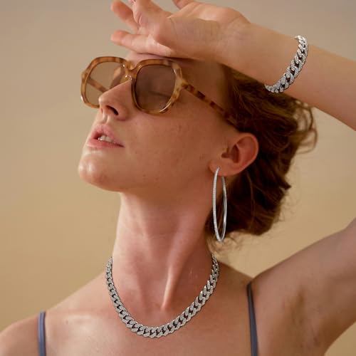 Luxval Tennis Necklace Set for Women Tennis Bracelets Diamond Earrings Sterling Silver Necklace Wedding Jewelry for Bride Silver Jewelry Sets for Women Gift - color: Silver-cuban hoop 3Pcs