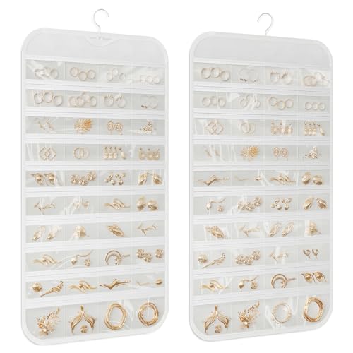 Hanging Jewelry Organizer 80-Pocket Double-Sided Storage, 1-Pack, White | Foldable clear PVC 80-pocket storage; swivel hook fits walls, doors & rods to organize earrings, necklaces, bracelets & rings - color: White