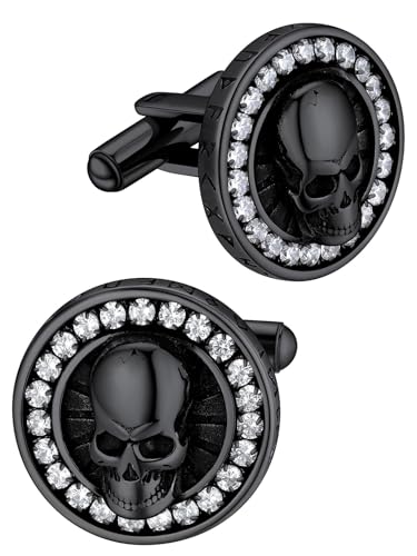 FaithHeart Mens Cufflinks, Norse Viking Tuxedo Shirt Cuff Links, Stainless Steel Cuff Links and Shirt Studs, Gift Box - style: 05. Skull CZ-Black