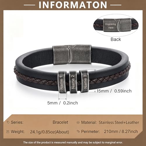 Personalized Bracelet for Men, Engraved Name Bead Braided Leather Bracelet for Dad Husband Grandpa Son, Custom Stainless Steel Men's Bracelet - color: 3 names