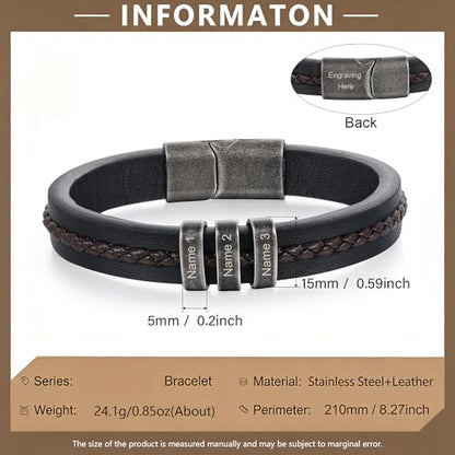 Personalized Bracelet for Men, Engraved Name Bead Braided Leather Bracelet for Dad Husband Grandpa Son, Custom Stainless Steel Men's Bracelet - color: 3 names