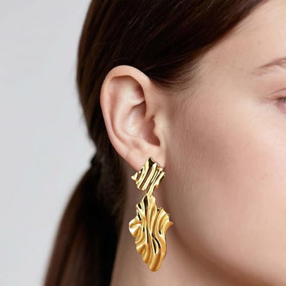 Large Geometric Drop Dangle Earrings for Women Pearl Teardrop Disc Rectangle Oval Fishtail Shell Shaped Textured Dangle Studs Earrings for Women - color: Gold-Textured