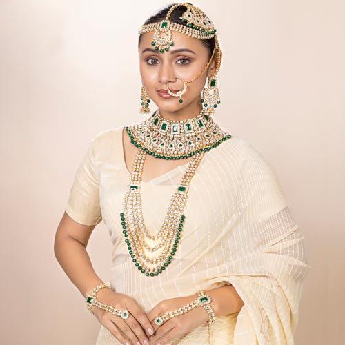 Aheli Traditional Wedding Indian Bharatanatyam jewellery set Long Choker Necklace Earrings Maang Tikka Nath Paasa Hath Phool for Women - color: Green