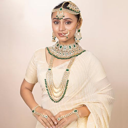 Aheli Traditional Wedding Indian Bharatanatyam jewellery set Long Choker Necklace Earrings Maang Tikka Nath Paasa Hath Phool for Women - color: Green