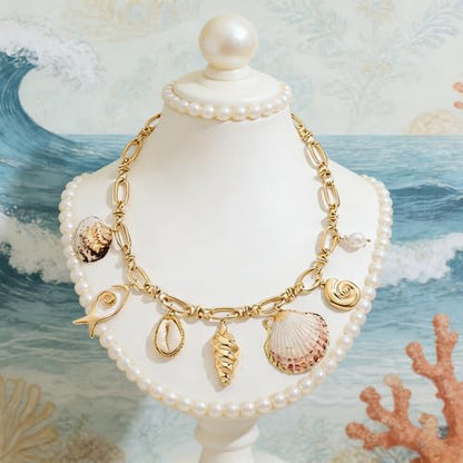 Shell Necklaces for Women Trend Boho Scarf Necklaces Ocean Mermaid Conch Seashell Necklace Summer Gold Fish Necklace Fashion Beach Jewelry - color: Gold sea shell necklace