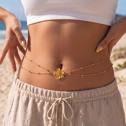 14K Gold Plated Belly Chain for Women, Boho Bikini Waist Jewelry | Adjustable Fit, Dainty Layered Look, Pearl, Shell & Starfish Options, Boho Body Jewelry, Beach, Vacation - color: Gold-Plated 5