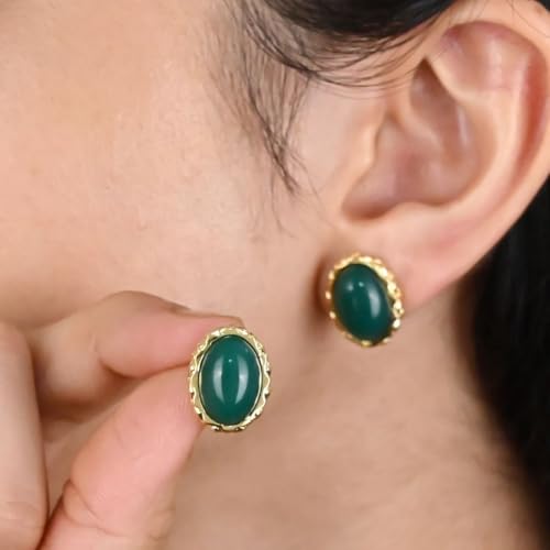 Gempires Bold Oval Gemstone Stud Earrings for Women – Natural Healing Stone Jewelry 14K Gold-Plated Hypoallergenic Tarnish-Resistant – Bold Statement Studs Gift for Her - style: Green Onyx