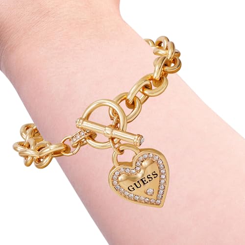 GUESS Goldtone Dangle Logo Heart Charm Chain Toggle Bracelet