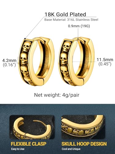 PROSTEEL Stainless Steel Huggie Hoop Earrings for Mens Gold/Black/Silver | Skull/Infinity Pattern, Spike/Cuban Links 4 Design Options Hypoallergenic Lightweight Earring Hip Hop Punk Gothic Jewelry - style: Skull-Gold