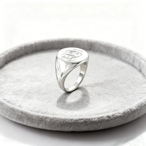 Personalized Classic Monogrammed Signet Initial Ring for Men 925 Silver/10K/14K/18K Gold Monogram Letters Statement Ring Birthday Christmas Gifts - color: White Gold