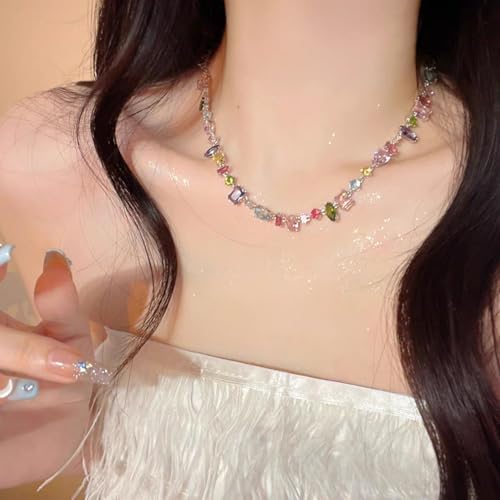 Silver Plated Rainbow Crystal Necklace, Sparkly Cubic Zirconia Rhinestone Multicolor Chain Choker Bracelet Earring Jewelry Set - style: Necklace+Earrings