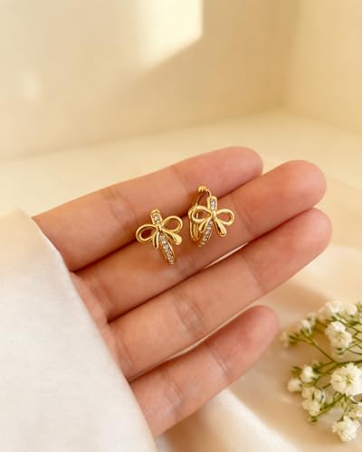 Gold Opal Huggie Earrings for Women, Minimalist Small Hoop Earrings with Zircons - color: gold bow