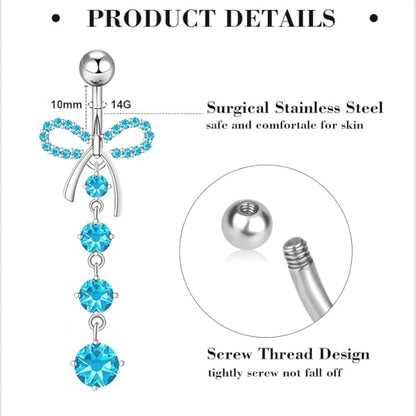 Suotarn 14G Belly Button ring Dangle Belly Rings Surgical Stainless Steel Cute Bow Butterfly Heart Flower Dangling Belly Button Piercing Jewelry For Women Silver Dainty Dangly Navel Ring - color: aqua