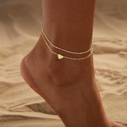 CAROVO Gold Ankle Bracelets for Women Waterproof,14K Gold Plated Bead Leaf Heart Dot Satellite Chain Layered Anklets Non Tarnish Summer Beach Jewelry Gift for Women - style: D: Heart&Satellite