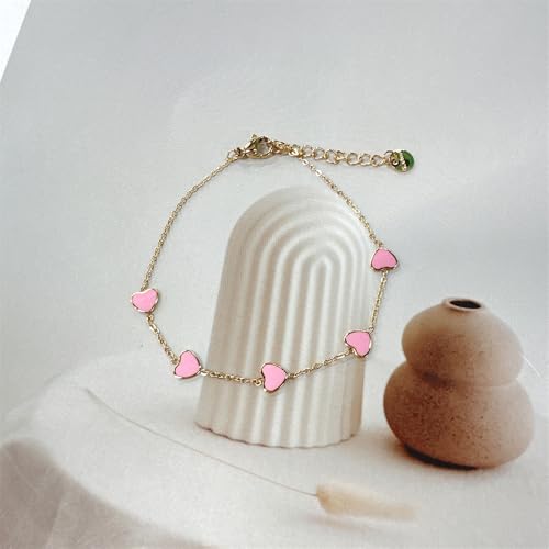 Cute Heart Charm Link Chain Bracelet for Women Dainty Stainless Steel Gold Plated Colorful Enamel Love Heart Adjustable Bracelets Fashion Jewelry for Bff Daughter Her - color: Pink