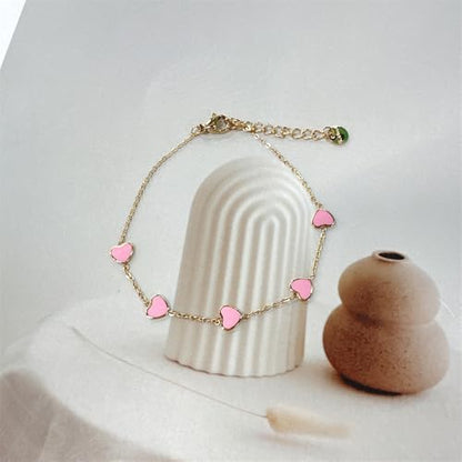 Cute Heart Charm Link Chain Bracelet for Women Dainty Stainless Steel Gold Plated Colorful Enamel Love Heart Adjustable Bracelets Fashion Jewelry for Bff Daughter Her - color: Pink