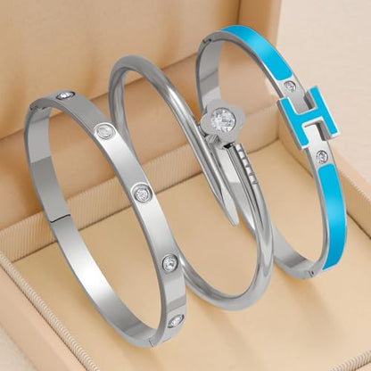 3Pcs Gold Bracelets for Women 14K Gold Plated Love/H/Nail Bangle Bracelet Dainty Non Tarnish Bracelet Jewelry Christmas Mothers Day Gifts for Women - color: 3Pcs Silver/Blue H bracelet