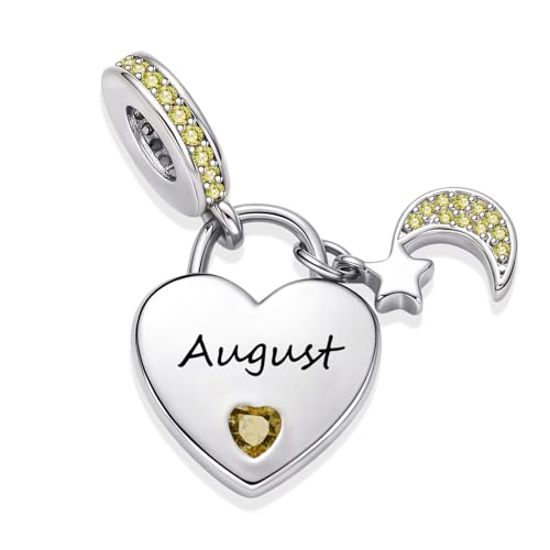 12 Months Birthstone Heart Charm Moon and Star Pendant Bead Compatible with Pandora Bracelet Women - style: August