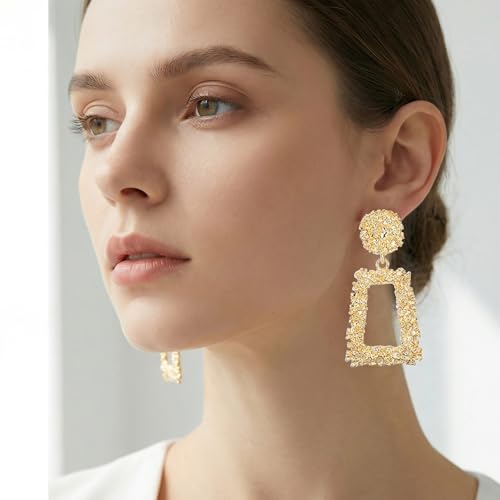 Clip on Earrings for Women, Big Statement Geometric Earrings Large Shiny Drop Dangle Earrings Non Pierced (Gold/Silver/Hot Pink) - color: Gold