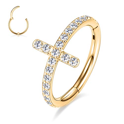 16G Cartilage Earring Hoop 316L Surgical Steel Daith Helix Conch Earrings Tragus Rook Earrings CZ Opal Septum Jewelry Seamless Clicker Nose Rings Hinged Segment Ring Hoop Earring for Women Men - color: 1PC,Gold,Cross CZ