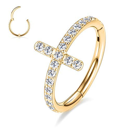 16G Cartilage Earring Hoop 316L Surgical Steel Daith Helix Conch Earrings Tragus Rook Earrings CZ Opal Septum Jewelry Seamless Clicker Nose Rings Hinged Segment Ring Hoop Earring for Women Men - color: 1PC,Gold,Cross CZ