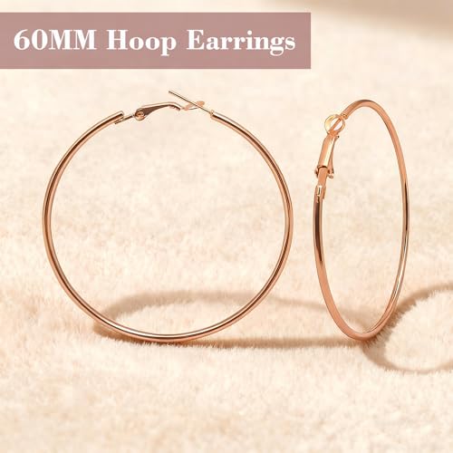 1 Pairs 60/70mm Silver 14K Gold Rose Gold Hoop Earrings for Women Hypoallergenic Stainless Steel Lightweight Big Hoops Shiny Dangle Earrings Trendy Jewelry Gifts - color: 60mm-Rose Gold Hoop Earrings