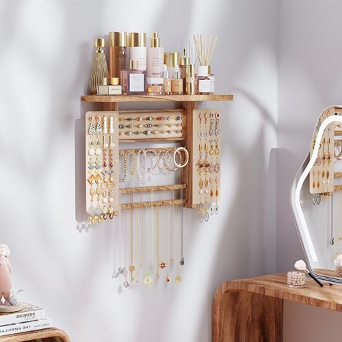 Emfogo Jewelry Organizer Hanging Wall Mounted Jewelry Holder, 5-in-1 Large Capacity Necklace Organizer Display for Ring, Necklaces, Bracelets, Earrings (Rustic Wood) - color: Rustic Wood
