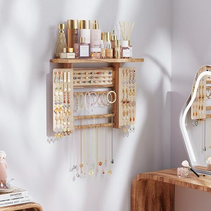 Emfogo Jewelry Organizer Hanging Wall Mounted Jewelry Holder, 5-in-1 Large Capacity Necklace Organizer Display for Ring, Necklaces, Bracelets, Earrings (Rustic Wood) - color: Rustic Wood