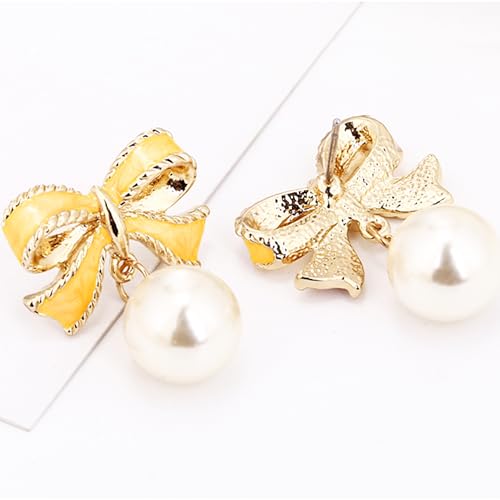 Pearl Bow Earrings for Women Coquette Aesthetic Jewelry Rhinestone Bow Earrings for Bridesmaids Wedding Party Accessories Bridal Costume Accents Bowknot Themed Gifts - color: B5: Yellow Bow Pearl Earrings