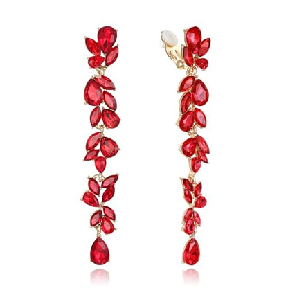 Crysdue Clip On Earrings for Women Rhinestone Crystal Teardrop Cluster Wedding Bridal Non Pierced Long Dangle Earring for Prom Party - color: Red Gold-Tone
