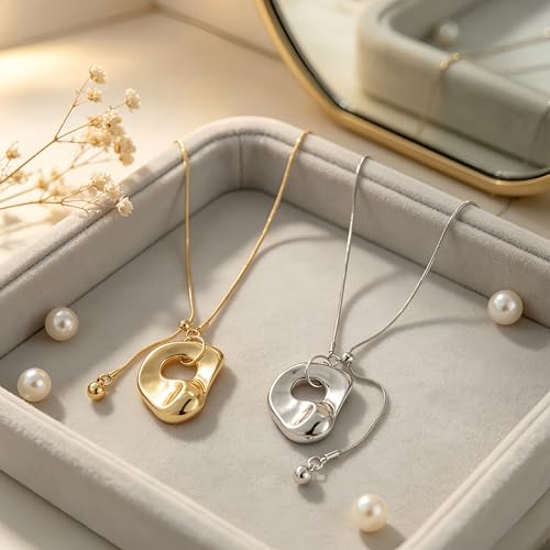 2Pcs Gold Silver Tone Long Pendant Necklace Oval for Women Adjustable, Minimalist Chunky Snake Chain Necklace, Dainty Statement Long