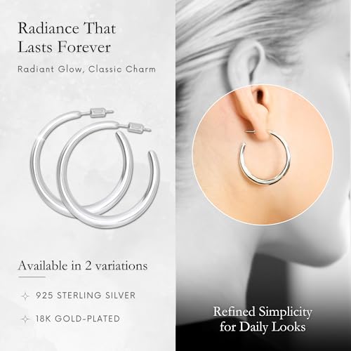 18K Gold Plated Sterling Silver Earrings for Women – Pure & Polished, Twist, Square, Hinged Tube, Abstract & Heart Shape Hoops – Lightweight, Hypoallergenic, Non-Tarnish Jewelry (Sizes: 3x35mm-46x30mm) - color: Silver, size: Polish Hoop (3x35mm)