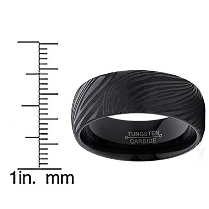 Men's Black Tungsten Carbide Dome Wedding Band Engagement Ring with Damascus Style Texture 8mm 7-15