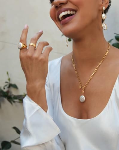18k Gold Plated Chain Link Necklace for Women, Baroque Pearl/Compass Pendant Necklace - color: Coin Pearl